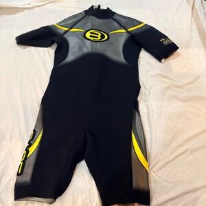 Bare Plazma 2/2mm Shorty Wetsuit Mens Large Black Yellow Powerstretch Back Zip
